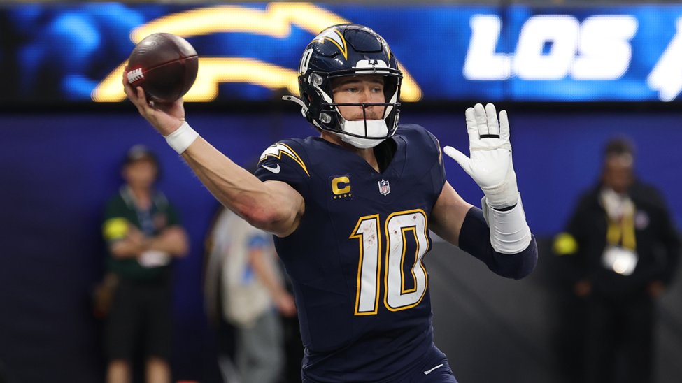Los Angeles Chargers quarterback Justin Herbert dropping back to pass.