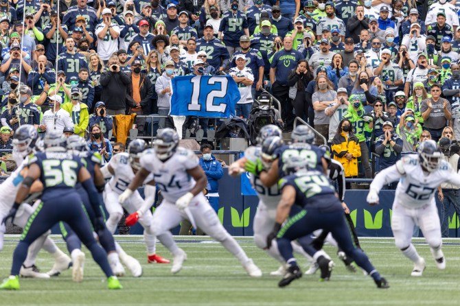 The Lumen Field crowd in Seattle during a Seahawks home game.