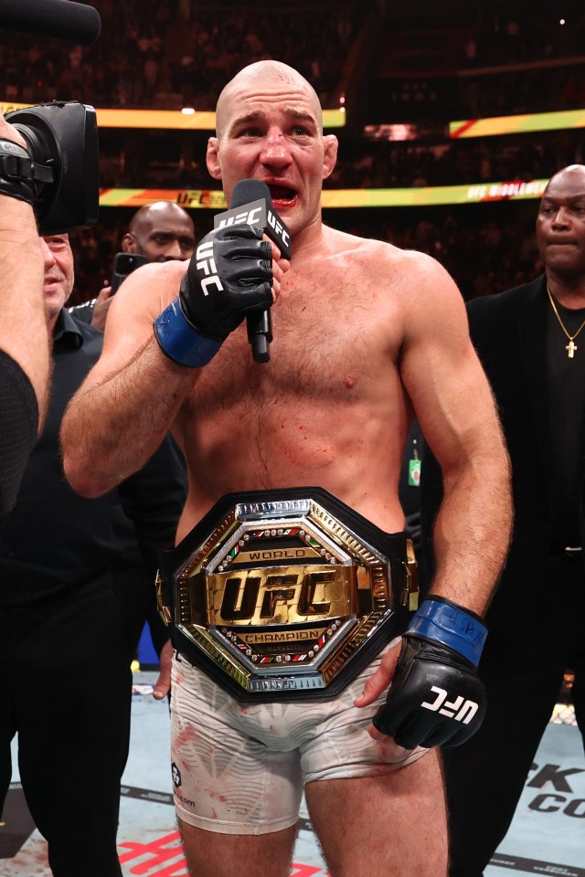 UFC middleweight champion Sean Strickland reacts after a split-decision victory.