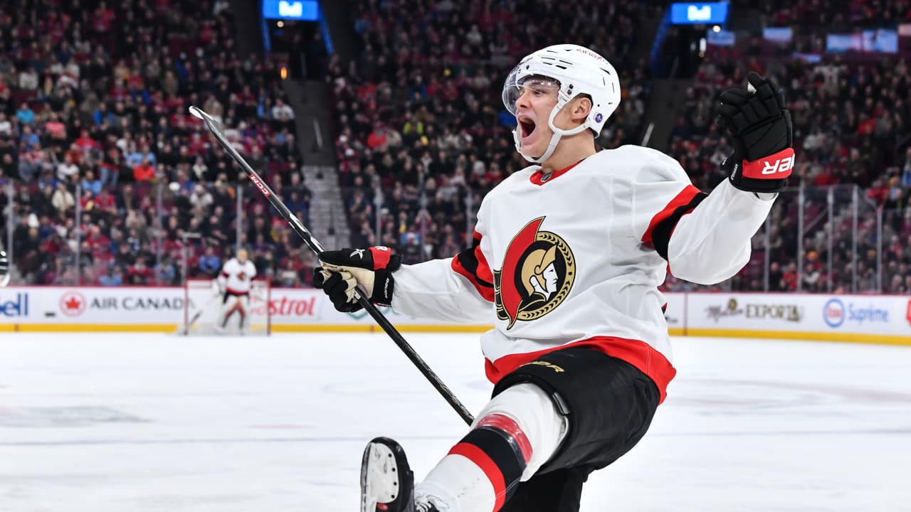 Ottawa Senators forward Tim Stutzle celebrates a goal at TD Garden — his two first-period goals, 1:43 apart, carried Ottawa past Boston.