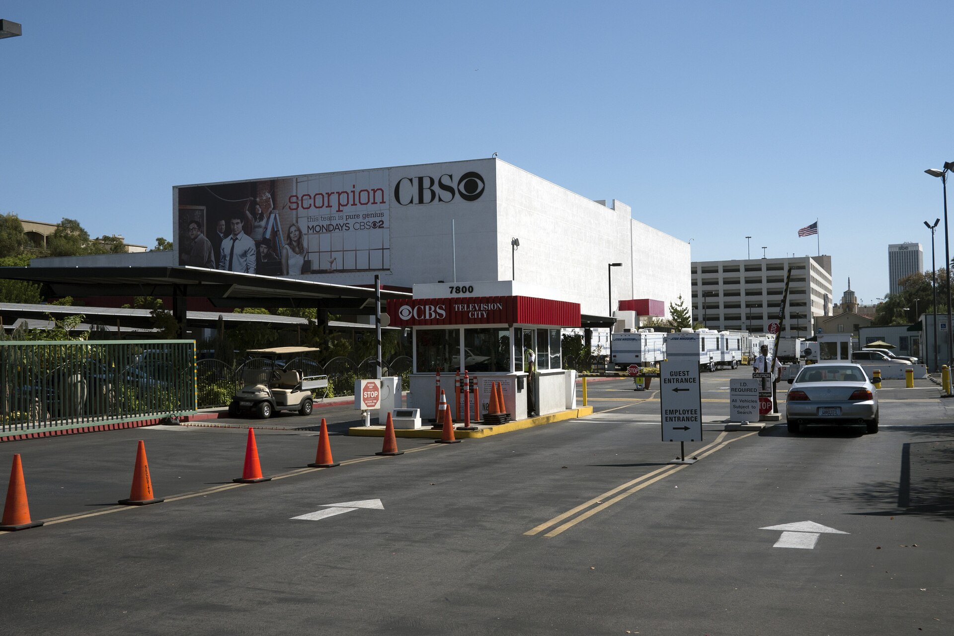 The guard booth and entrance at the CBS Television City lot on Beverly Boulevard.