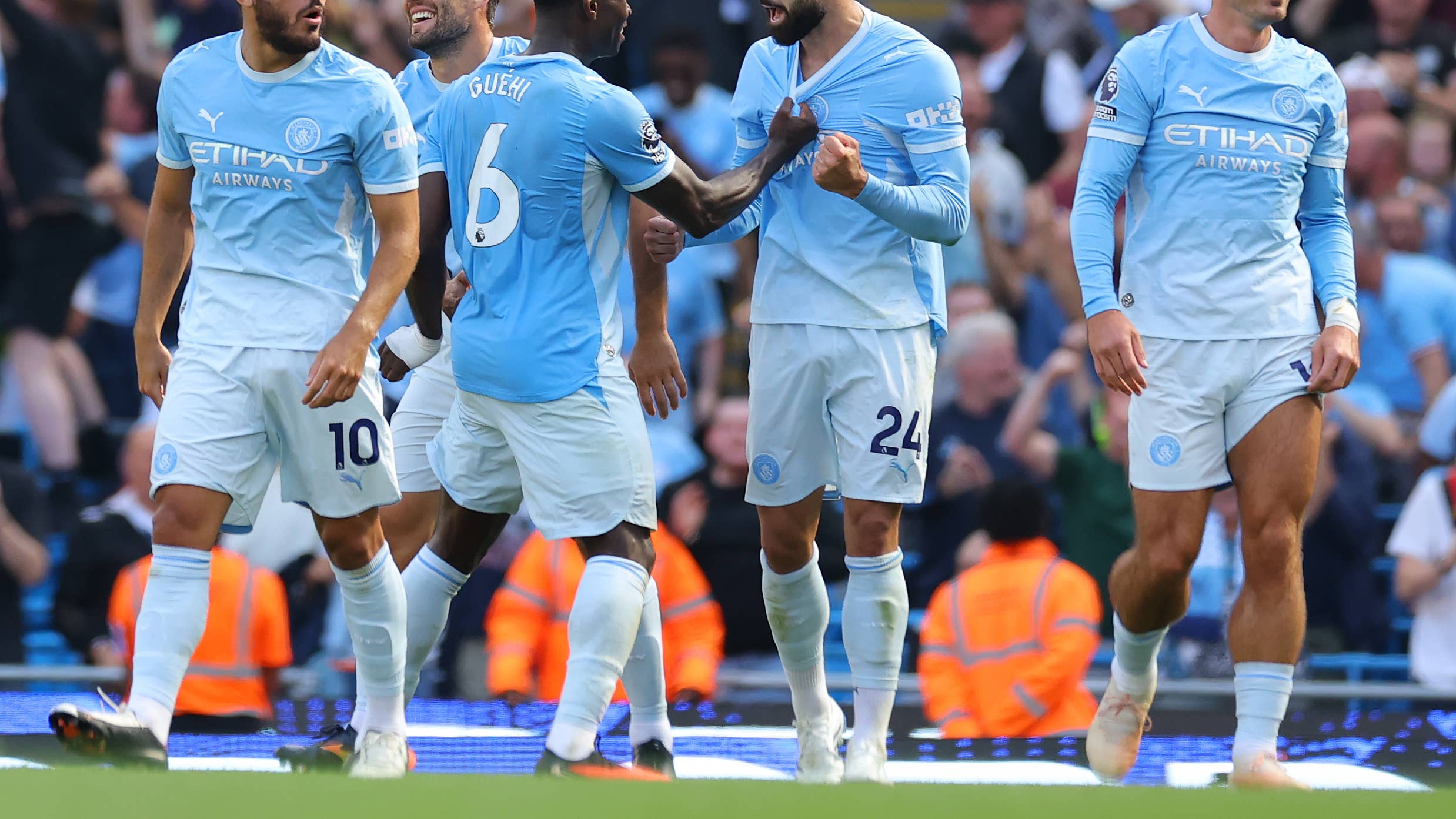 Manchester City players celebrate a goal during the 2026-27 Premier League season