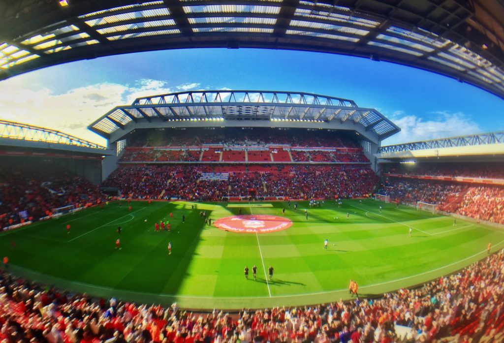 Panoramic daytime view of Anfield stadium