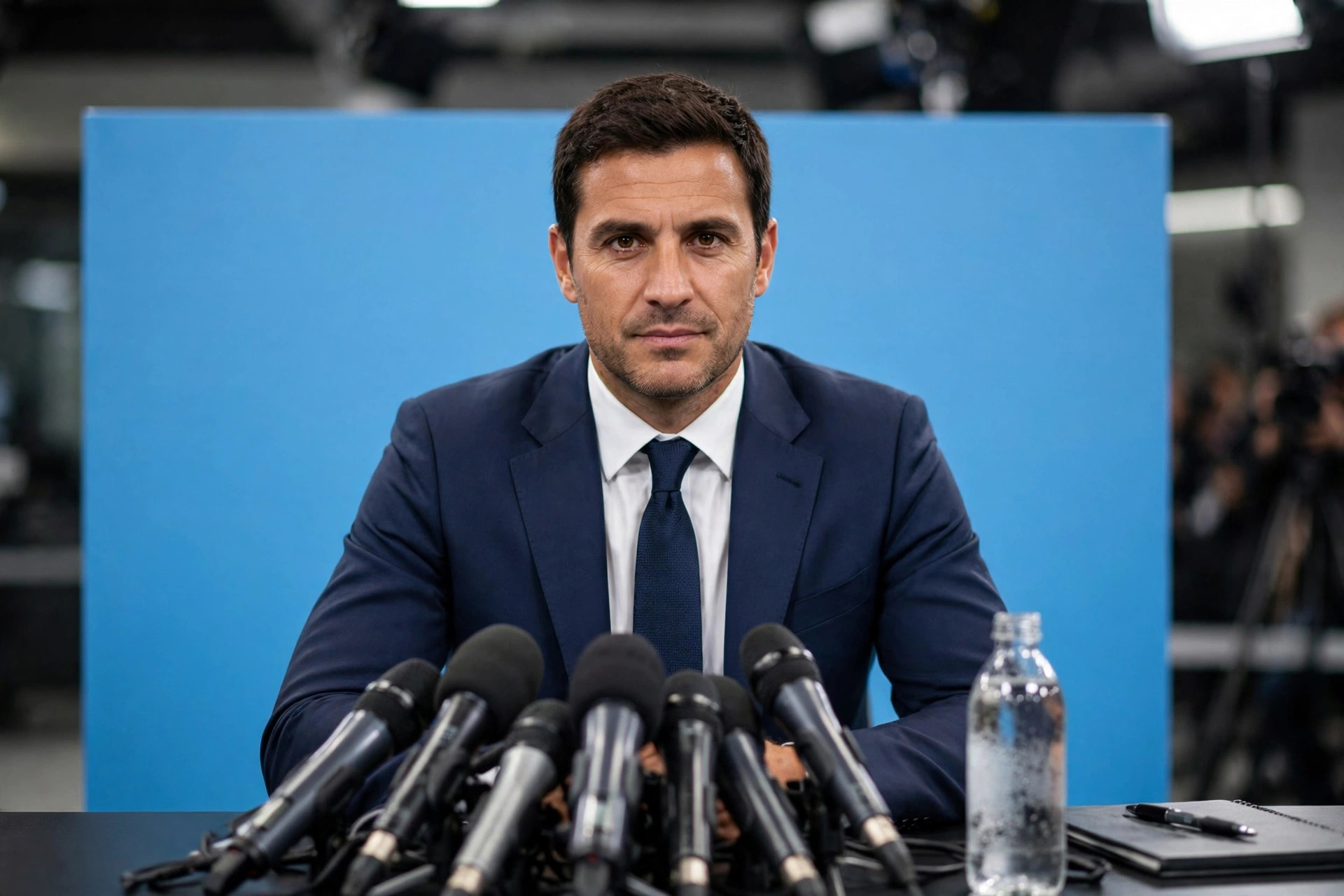 Manchester City’s manager at a press conference with microphones