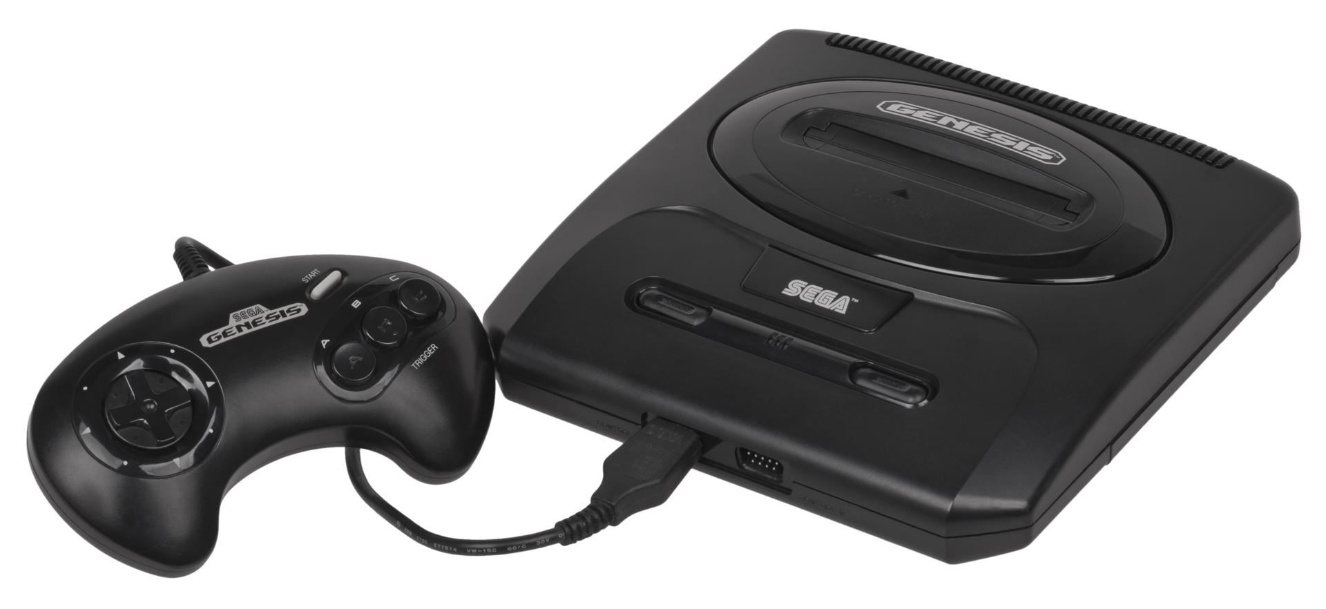 A Sega Genesis console and controller on a clean background