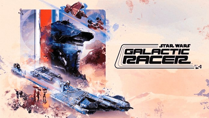 Star Wars: Galactic Racer gameplay screenshot showing high-speed racing on an alien track