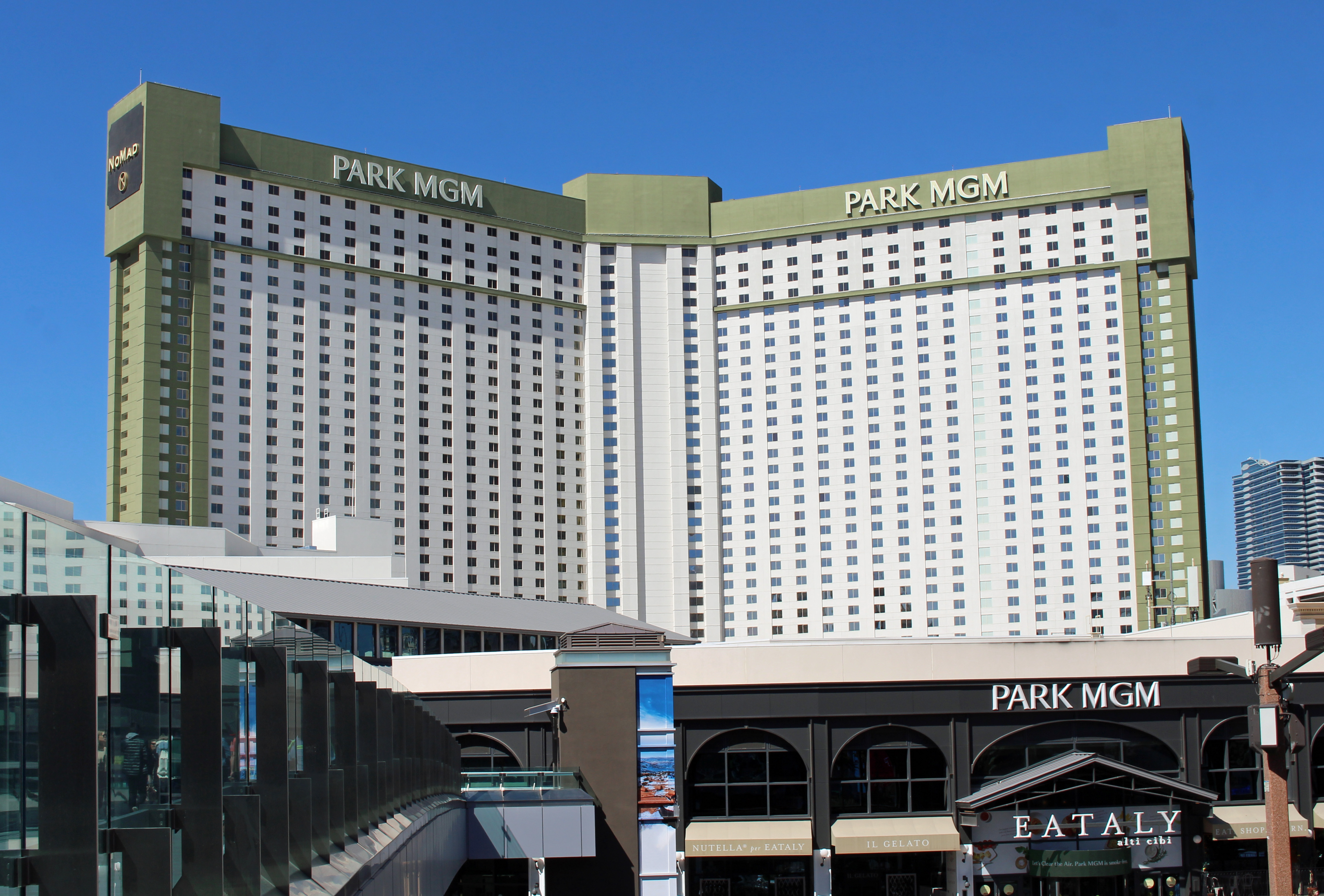 Park MGM as seen from the pedestrian bridge crossing Las Vegas Boulevard in bright daylight