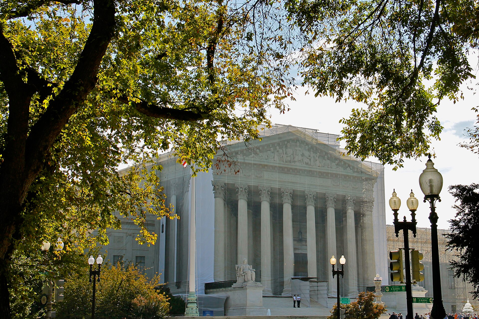 The west facade of the United States Supreme Court building in Washington, D.C., on a bright day