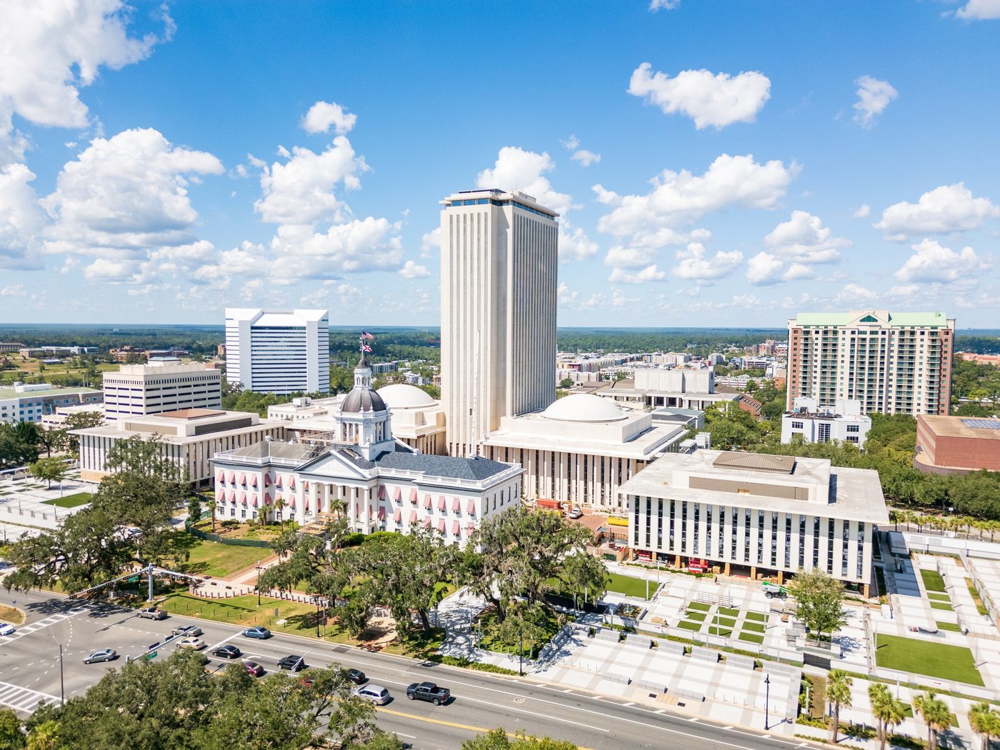 Aerial view of downtown Tallahassee and the Florida Capitol.