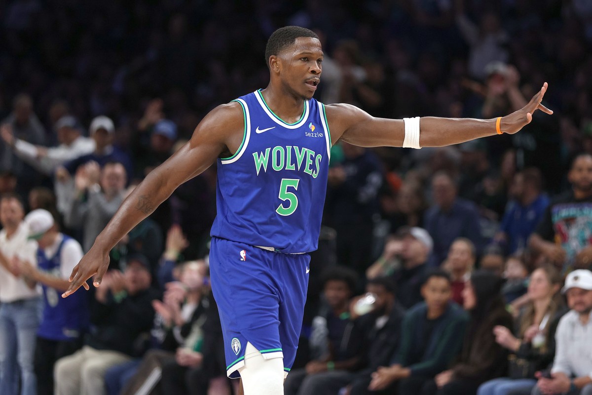 Anthony Edwards of the Minnesota Timberwolves celebrates scoring during the first half against the Toronto Raptors at Target Center in Minneapolis on October 25, 2026