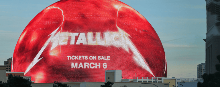 The Sphere's exosphere lit up in red for Metallica's residency.