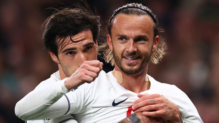 James Maddison celebrates scoring Tottenham Hotspur's opening goal against Coventry City at Tottenham Hotspur Stadium