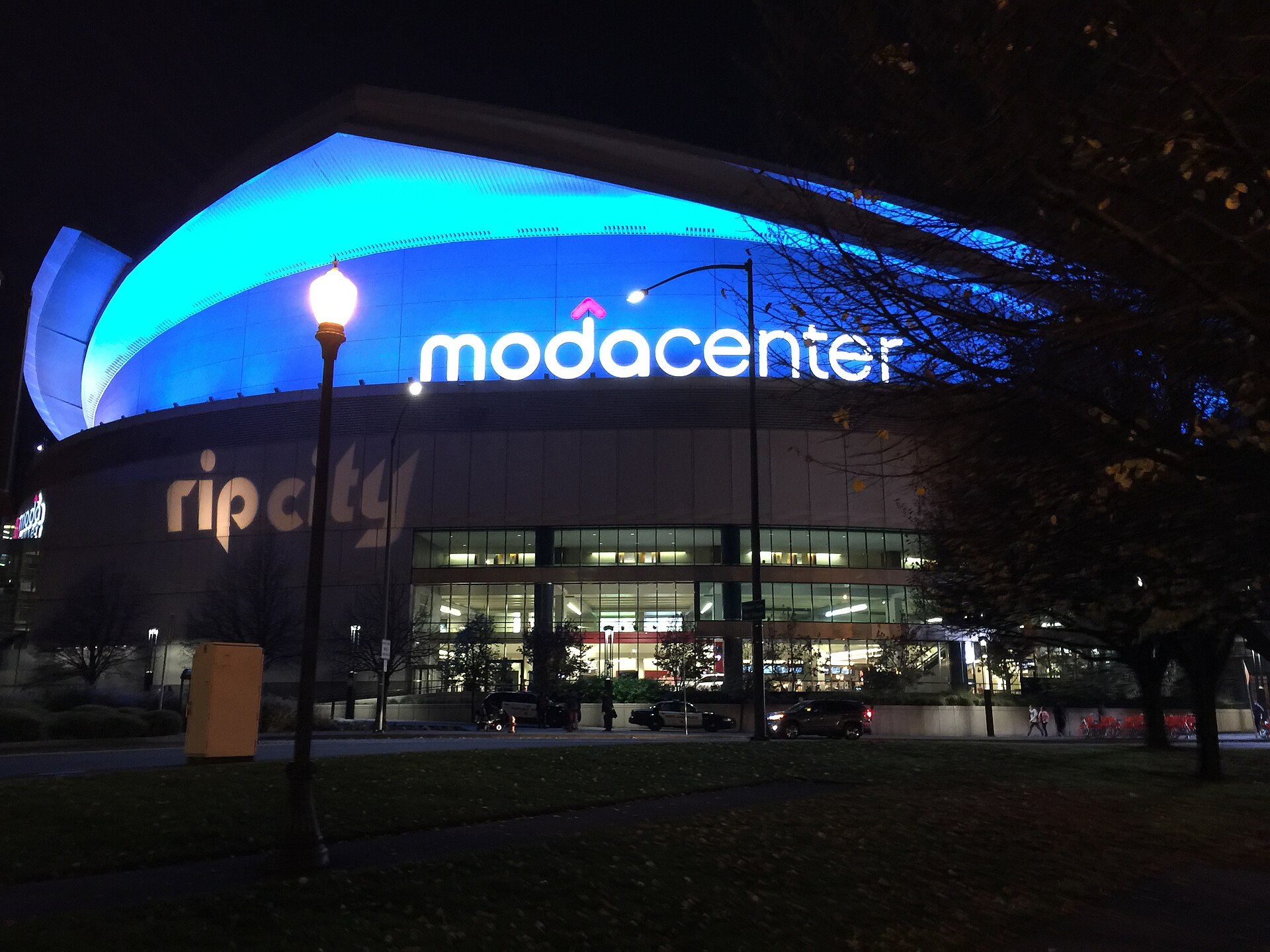The Moda Center in Portland, Oregon, at night