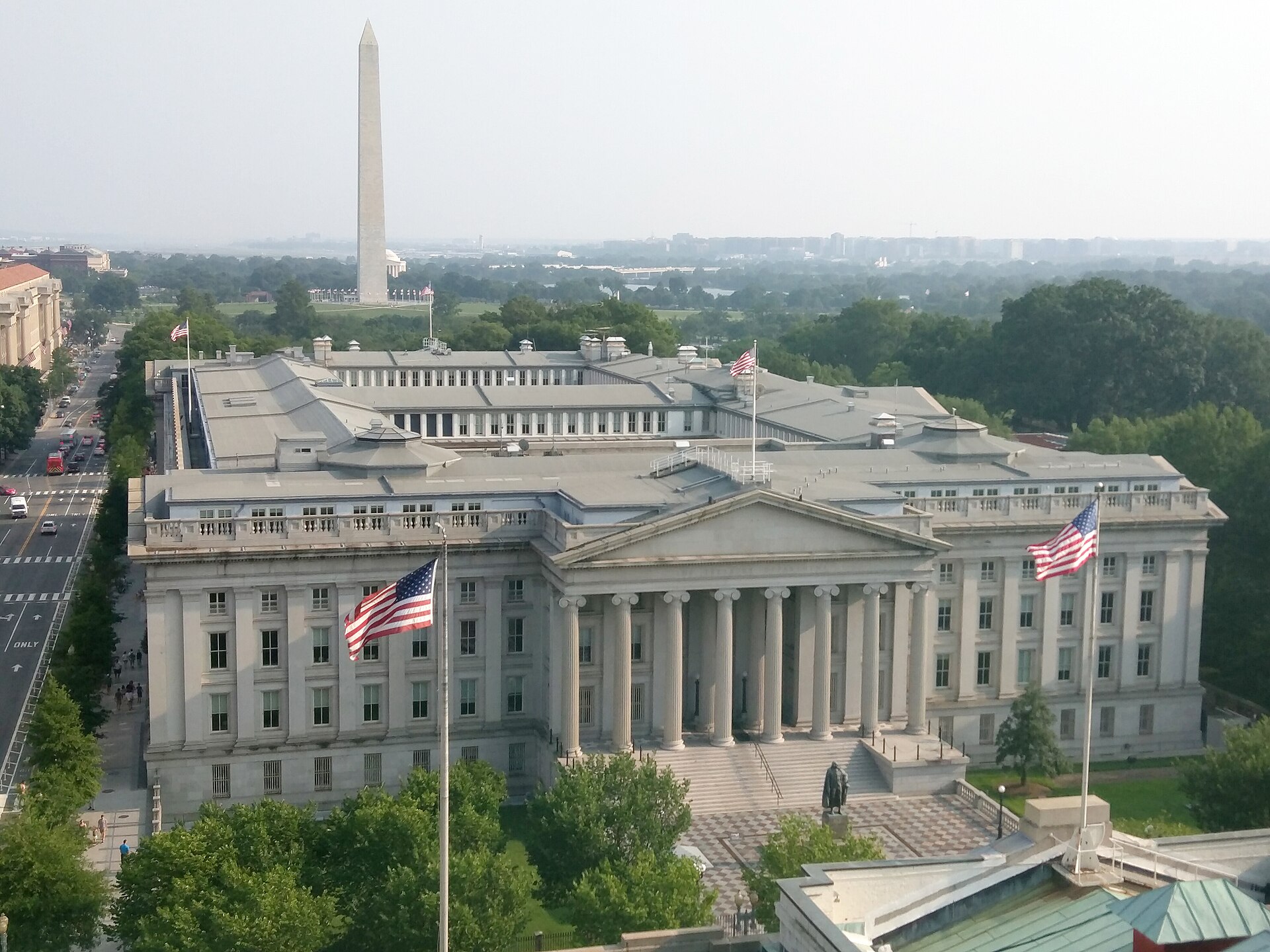Aerial view of the U.S. Treasury Building in Washington, D.C., the department that auto-enrolled more than 60 million children into Trump Accounts