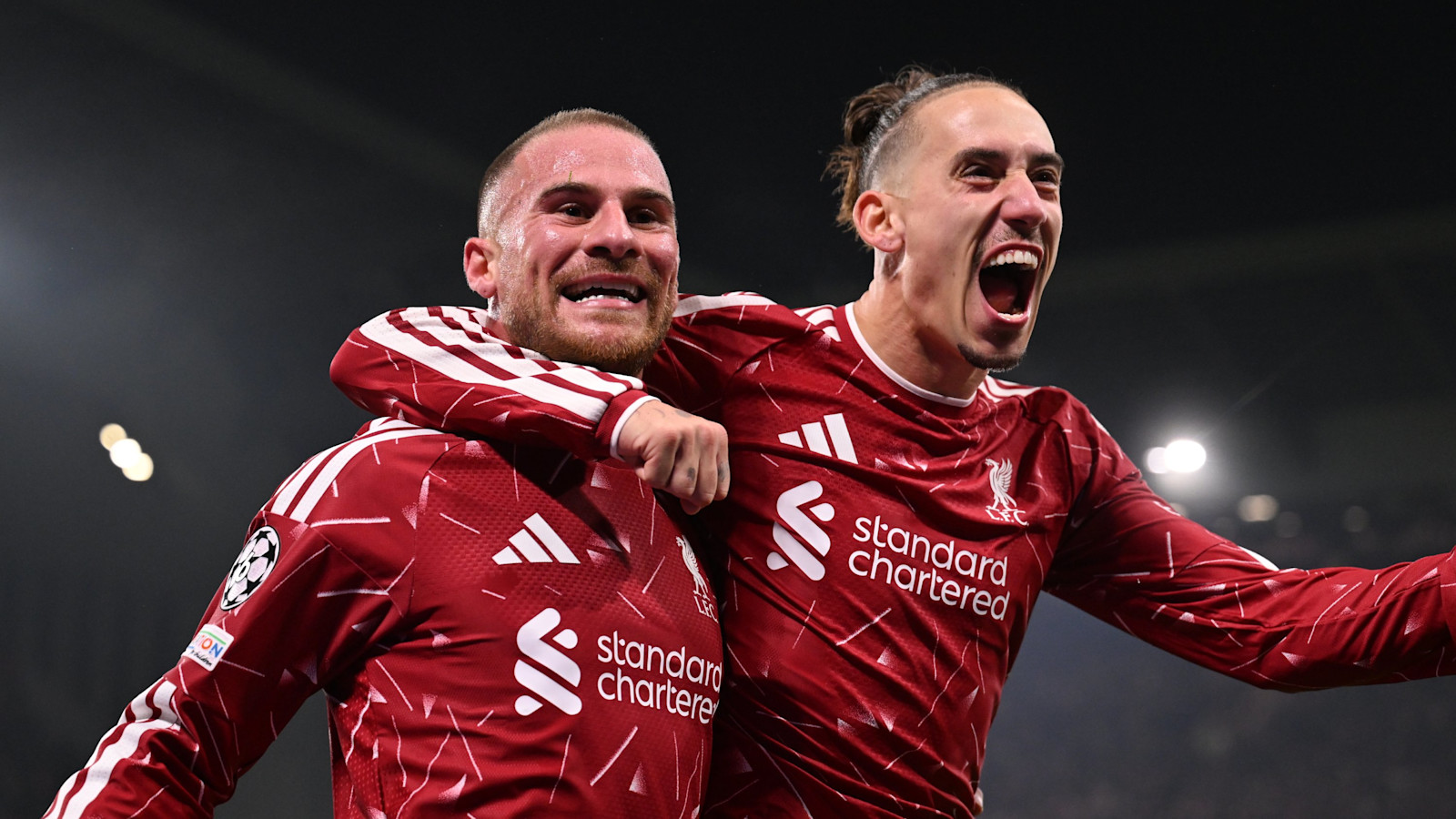 Alexis Mac Allister and Kostas Tsimikas celebrate a Liverpool goal against Villarreal at Anfield