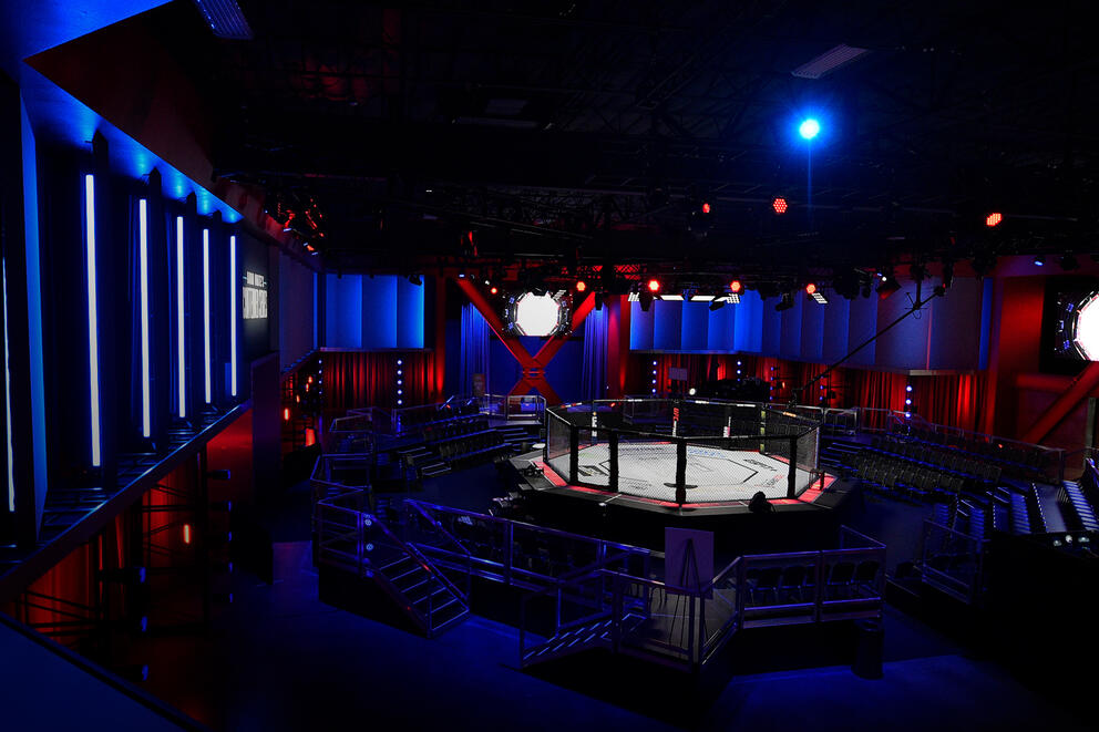 The octagon at the Meta APEX in Las Vegas during UFC Fight Night 290 — eight of eleven bouts ended inside the distance.