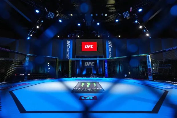 The UFC APEX octagon in Las Vegas under bright lights.
