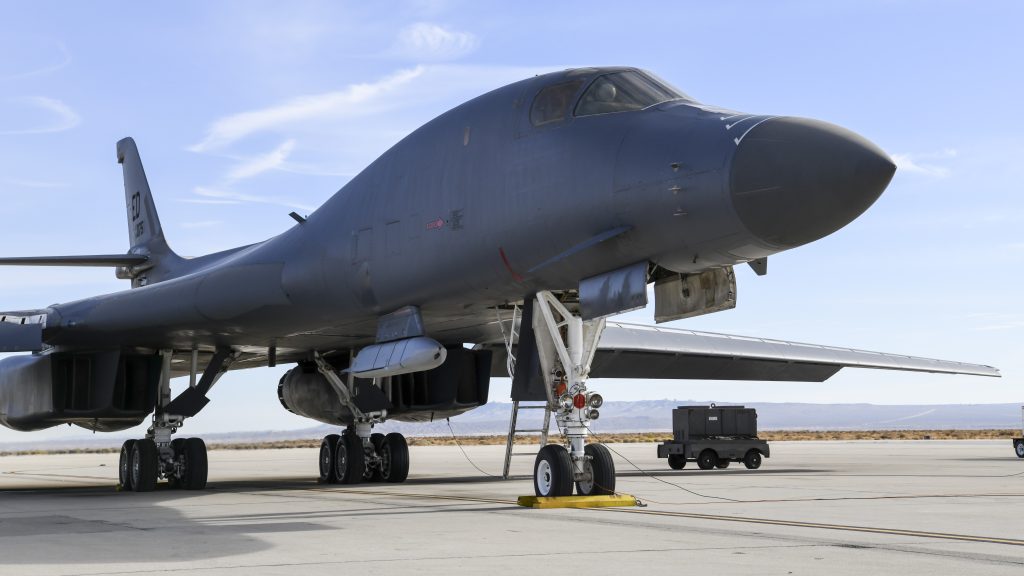 A B-1B Lancer bomber on the flight line.
