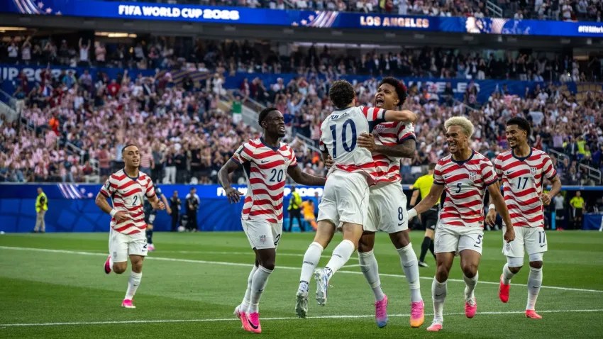 United States players celebrate a goal during the 2026 FIFA World Cup — the teen-led USMNT beat Mexico 3-0 on Saturday night