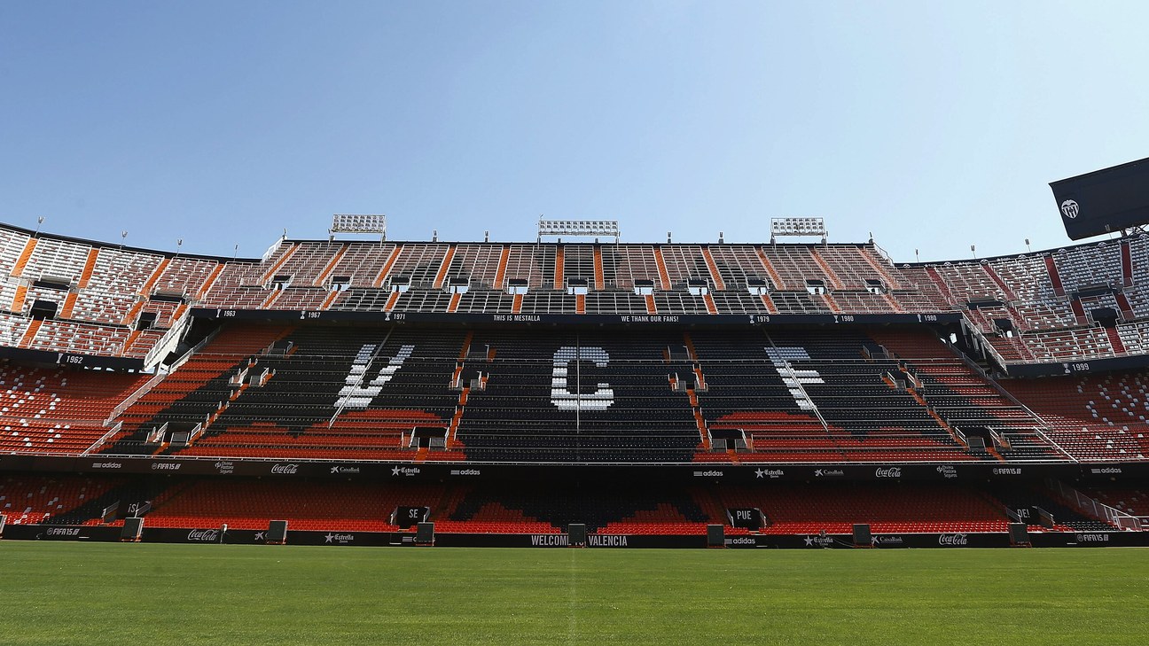 Mestalla, home of Valencia CF, with the VCF seat mosaic in the Grada de la Mar stand