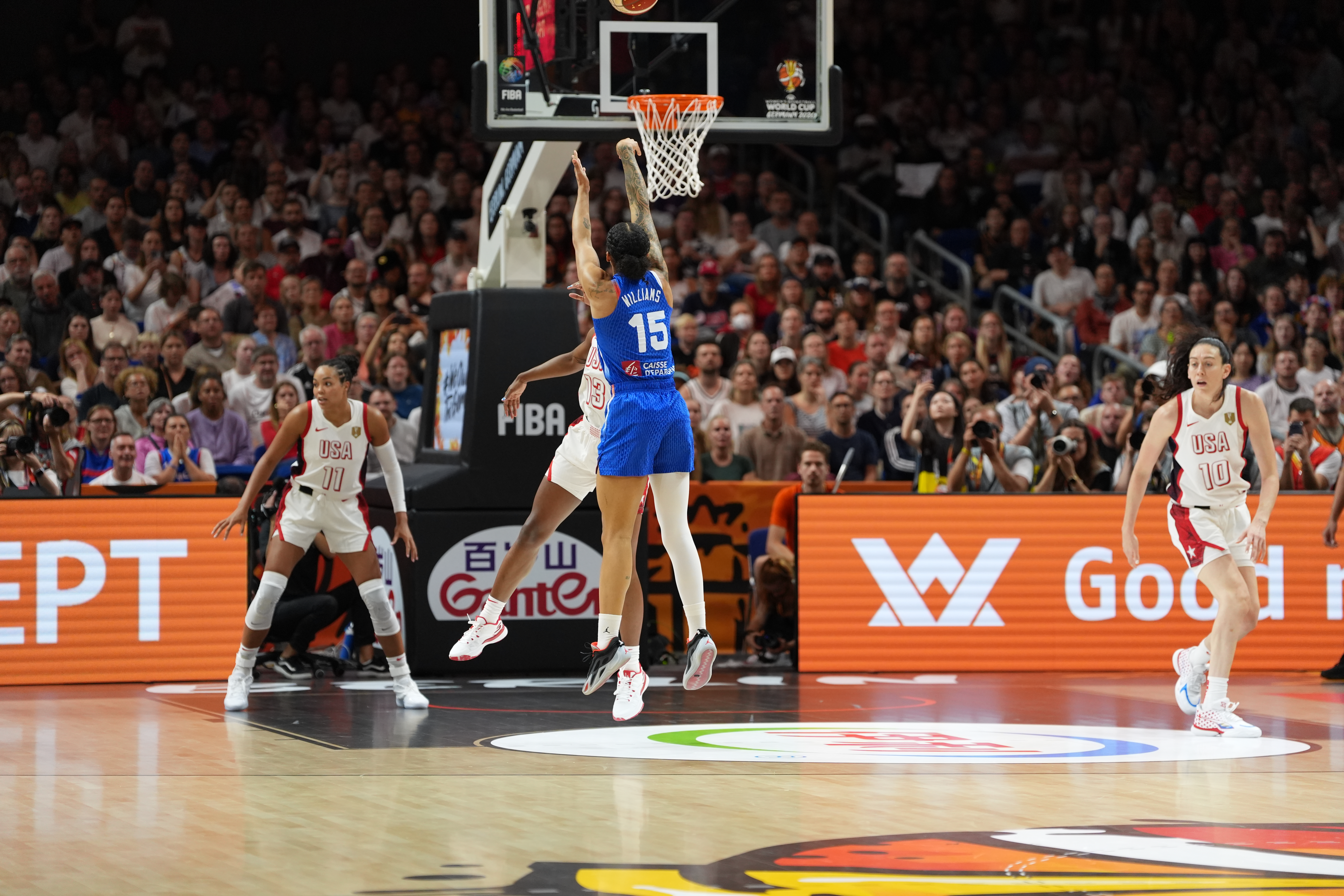 Gabby Williams in action for France — the Valkyries forward scored 26 points in Game 1 of the WNBA Finals