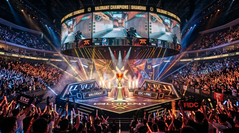 The VALORANT Champions Shanghai 2026 arena, packed crowd and stage under bright lights