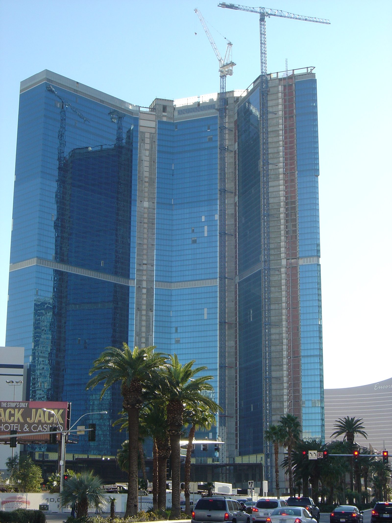 The Fontainebleau Las Vegas hotel tower rising into a clear sky.