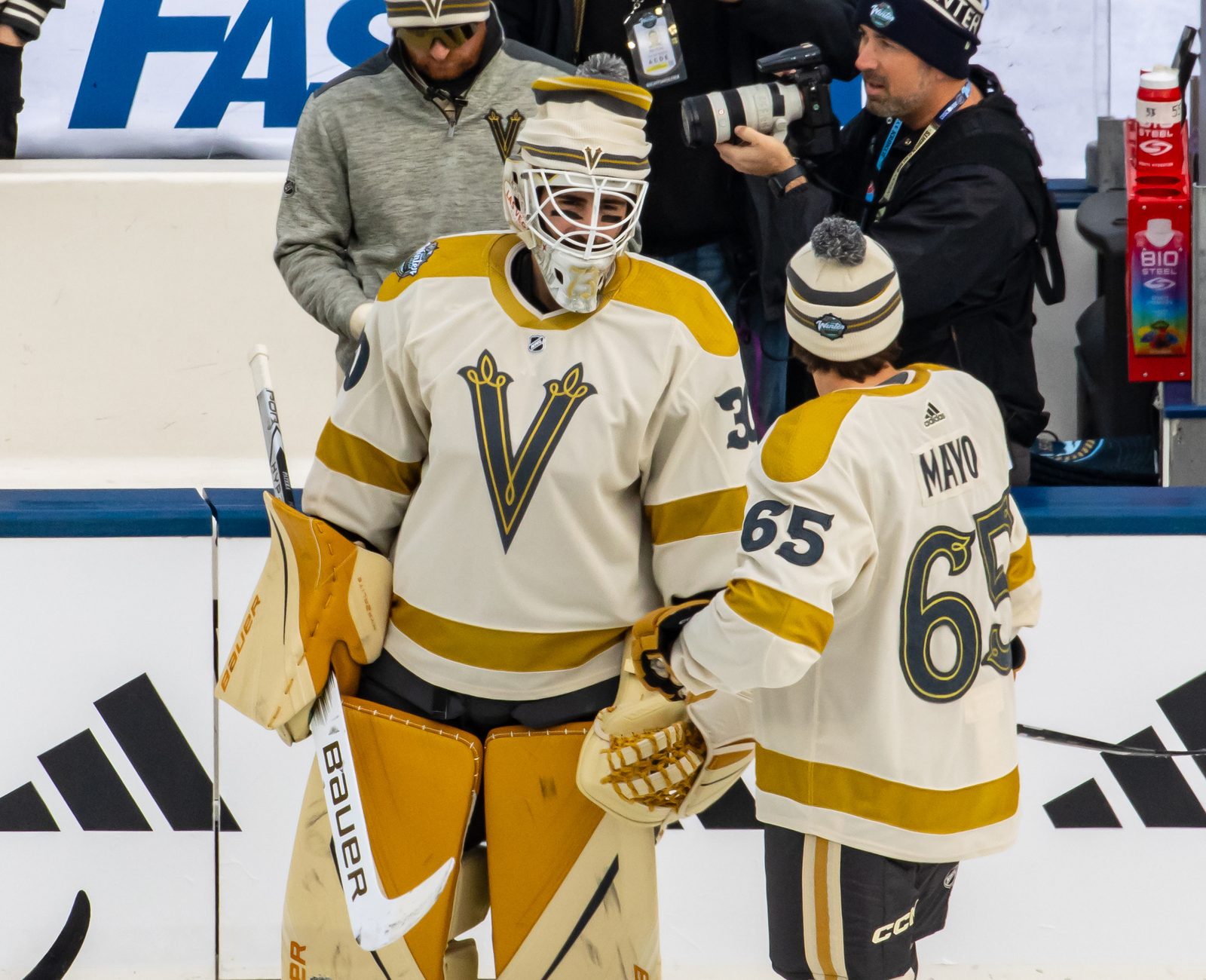 Golden Knights goaltender Adin Hill in the team's gold-and-cream jersey