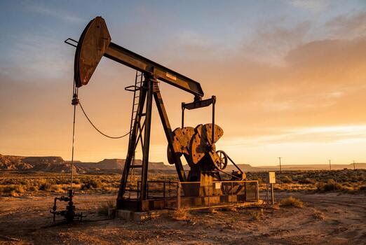 A rusty oil pumpjack silhouetted against a sunset over desert scrub