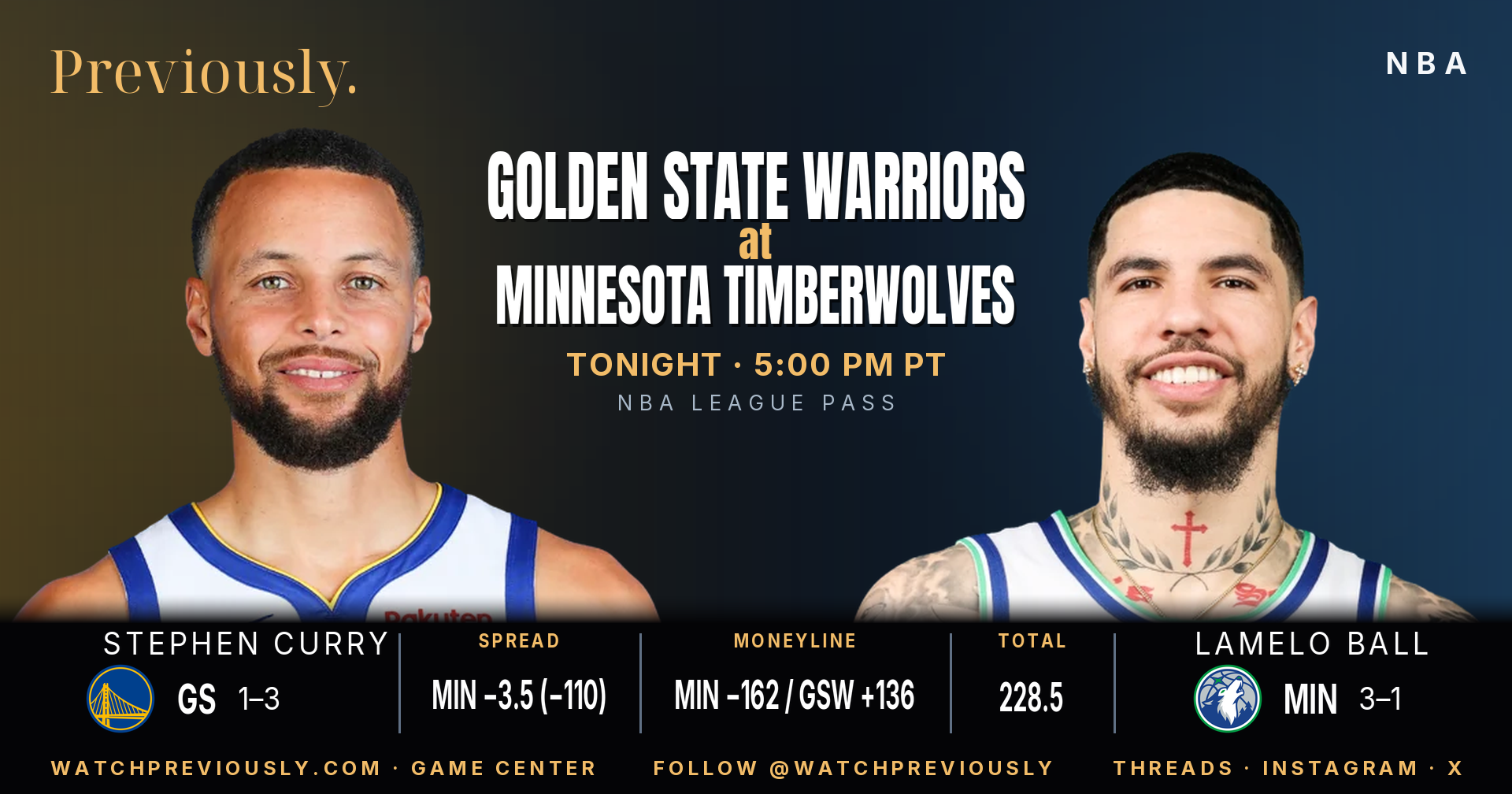 Previously's Warriors at Timberwolves invite card — Stephen Curry and LaMelo Ball facing off, with the matchup odds, for tonight's 5:00 PM PT tip at Target Center