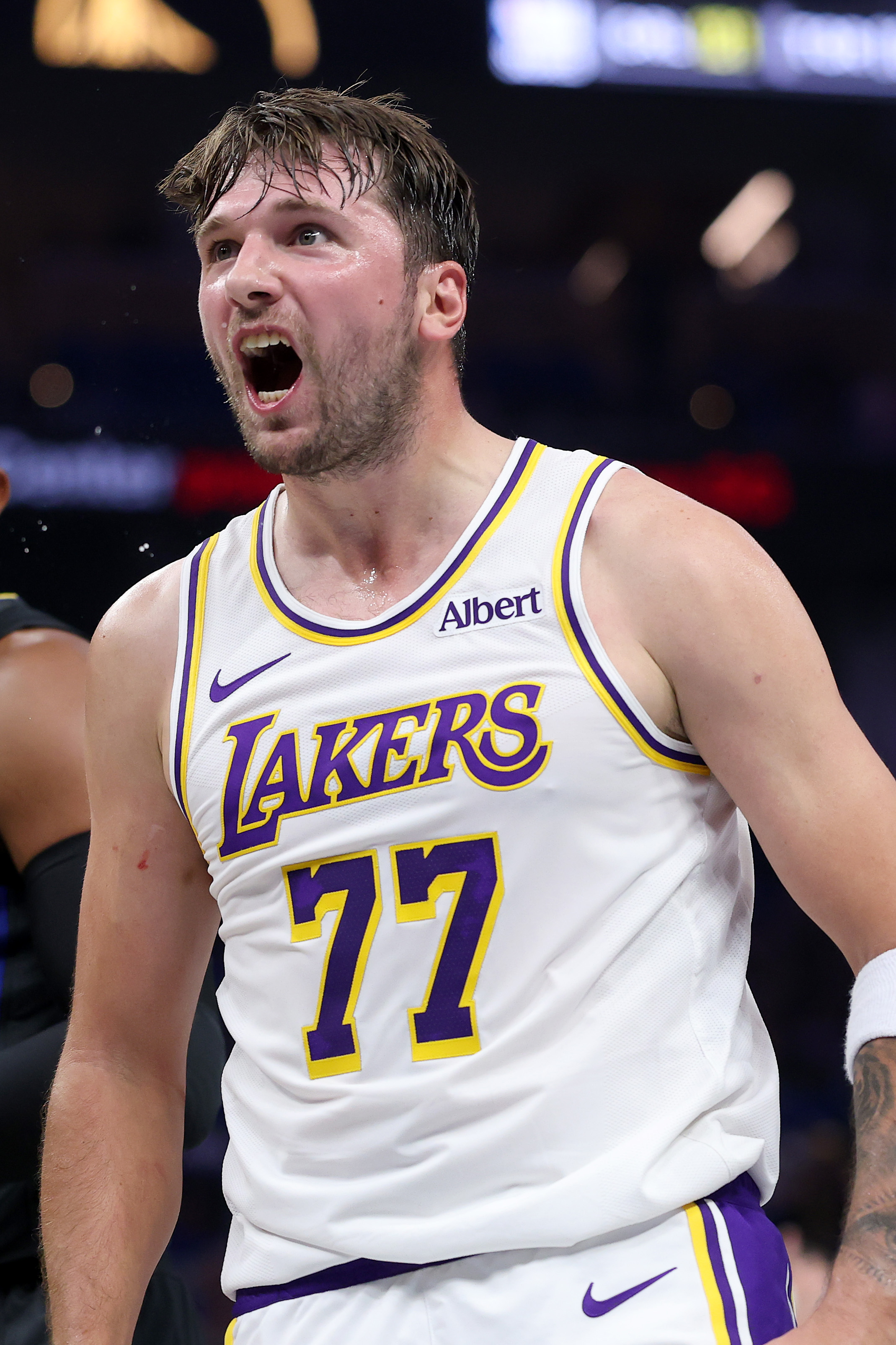 Los Angeles Lakers guard Luka Doncic reacts after scoring against the Golden State Warriors during the NBA Cup game at Chase Center, Friday, Oct. 30, 2026