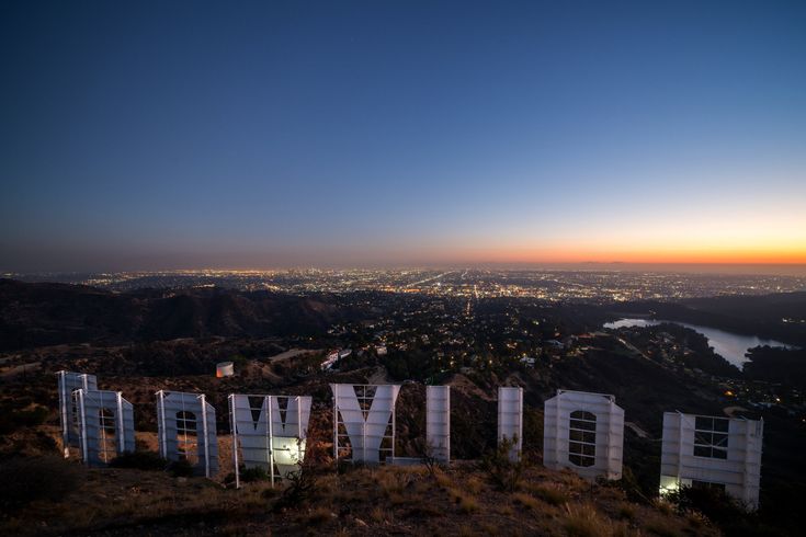 The Hollywood sign at dusk over Los Angeles