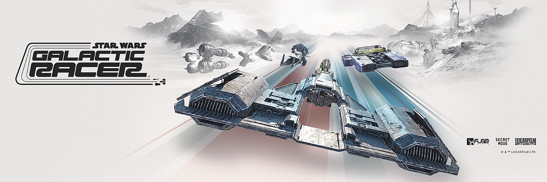 Official key art for Star Wars: Galactic Racer, showing hover racers speeding across a desert circuit with the game logo