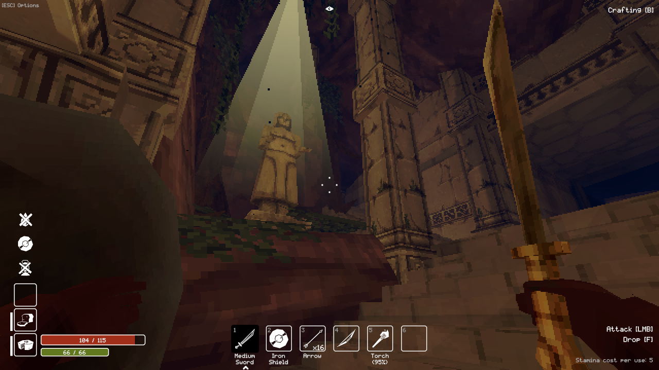 Deep Dish Dungeon screenshot of a player exploring a dark dungeon