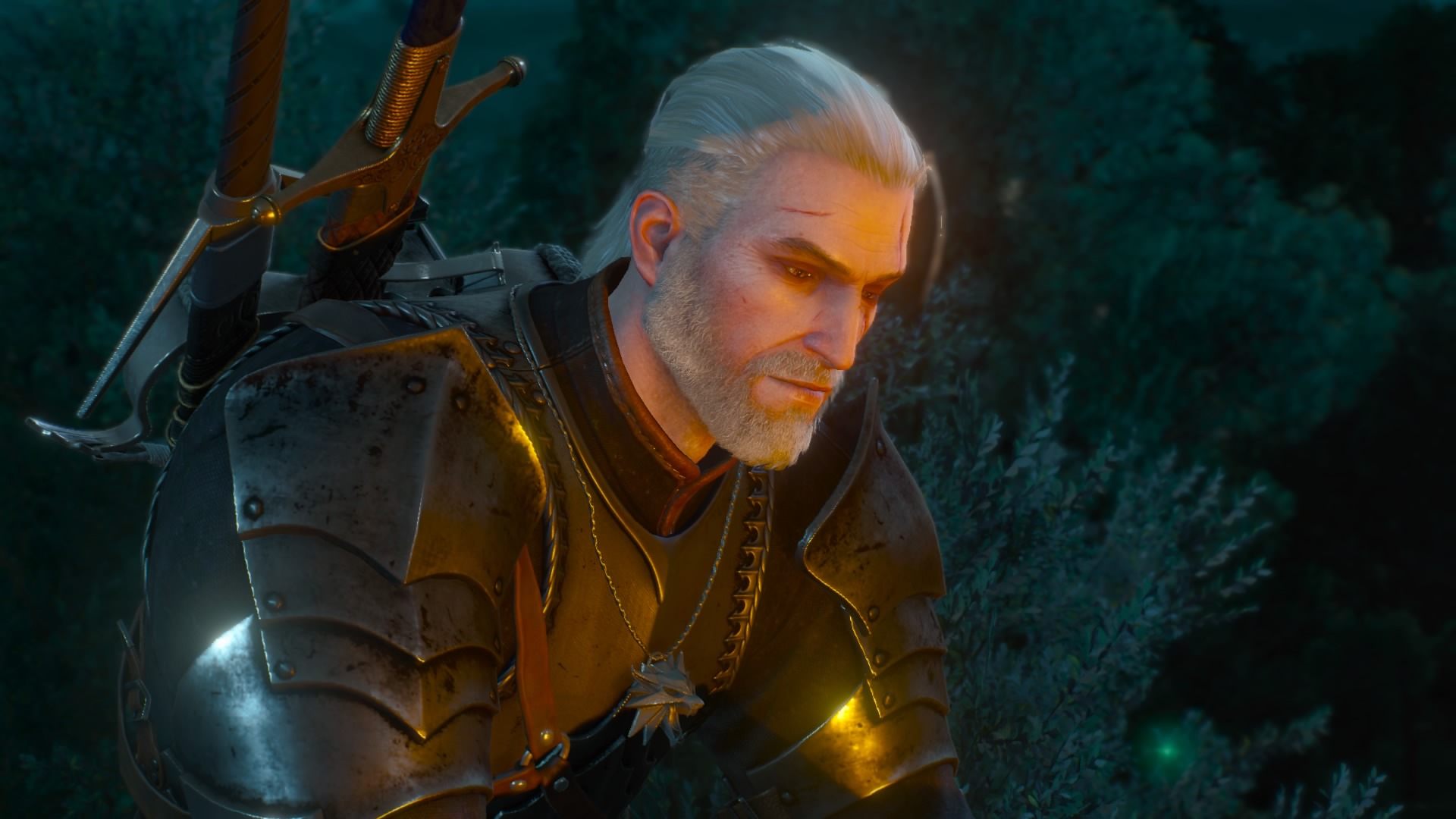 Geralt of Rivia at night in The Witcher 3