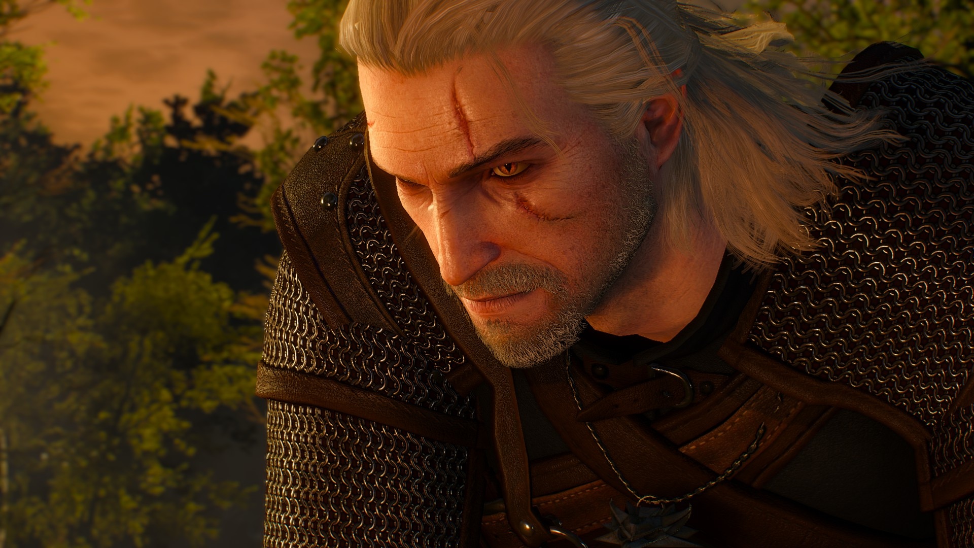 Geralt of Rivia bathed in warm sunset light in The Witcher 3