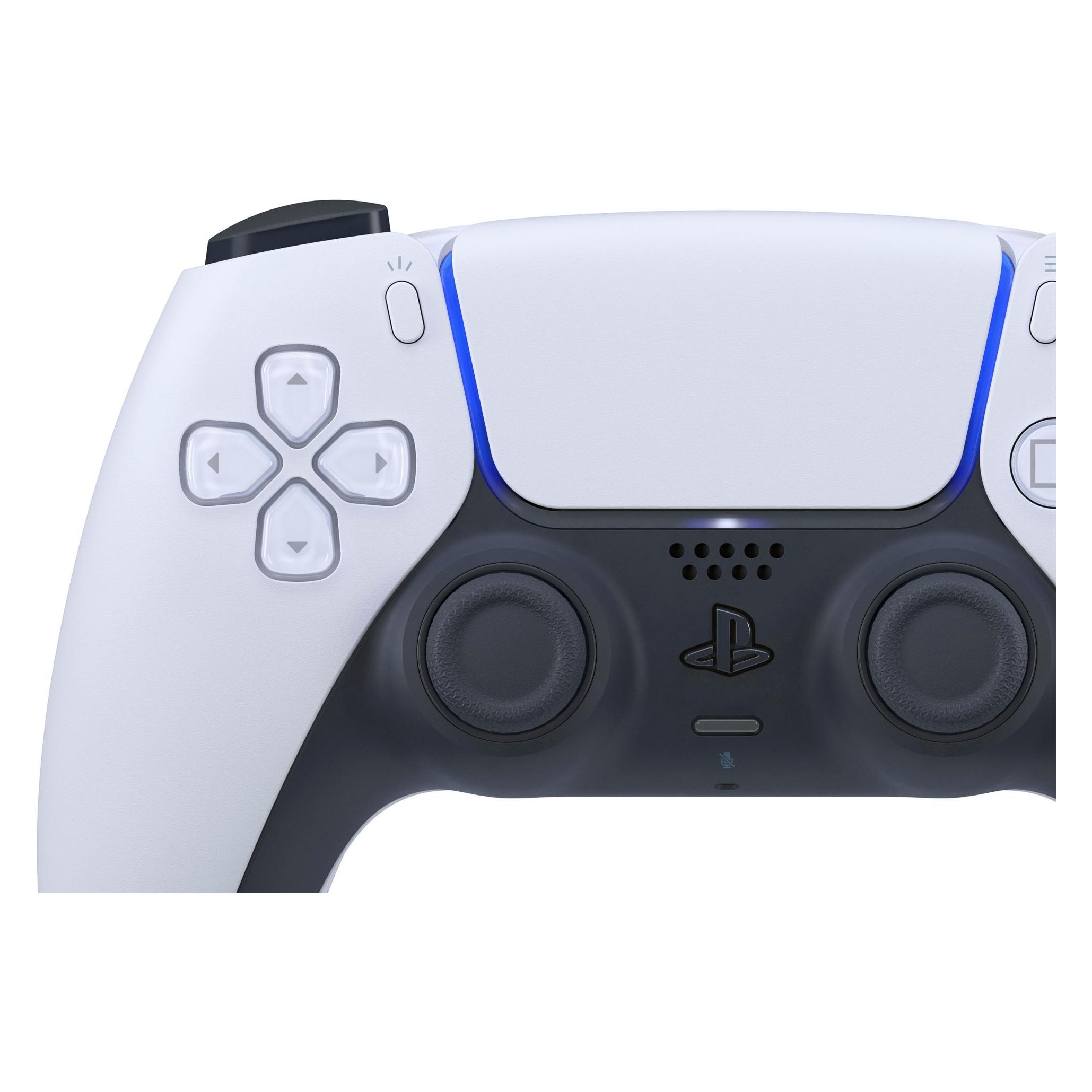 A white DualSense wireless controller for PlayStation 5