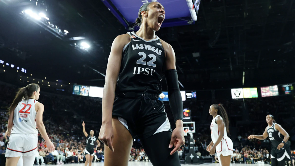 Las Vegas Aces star A'ja Wilson reacts during the 2026 WNBA playoffs.
