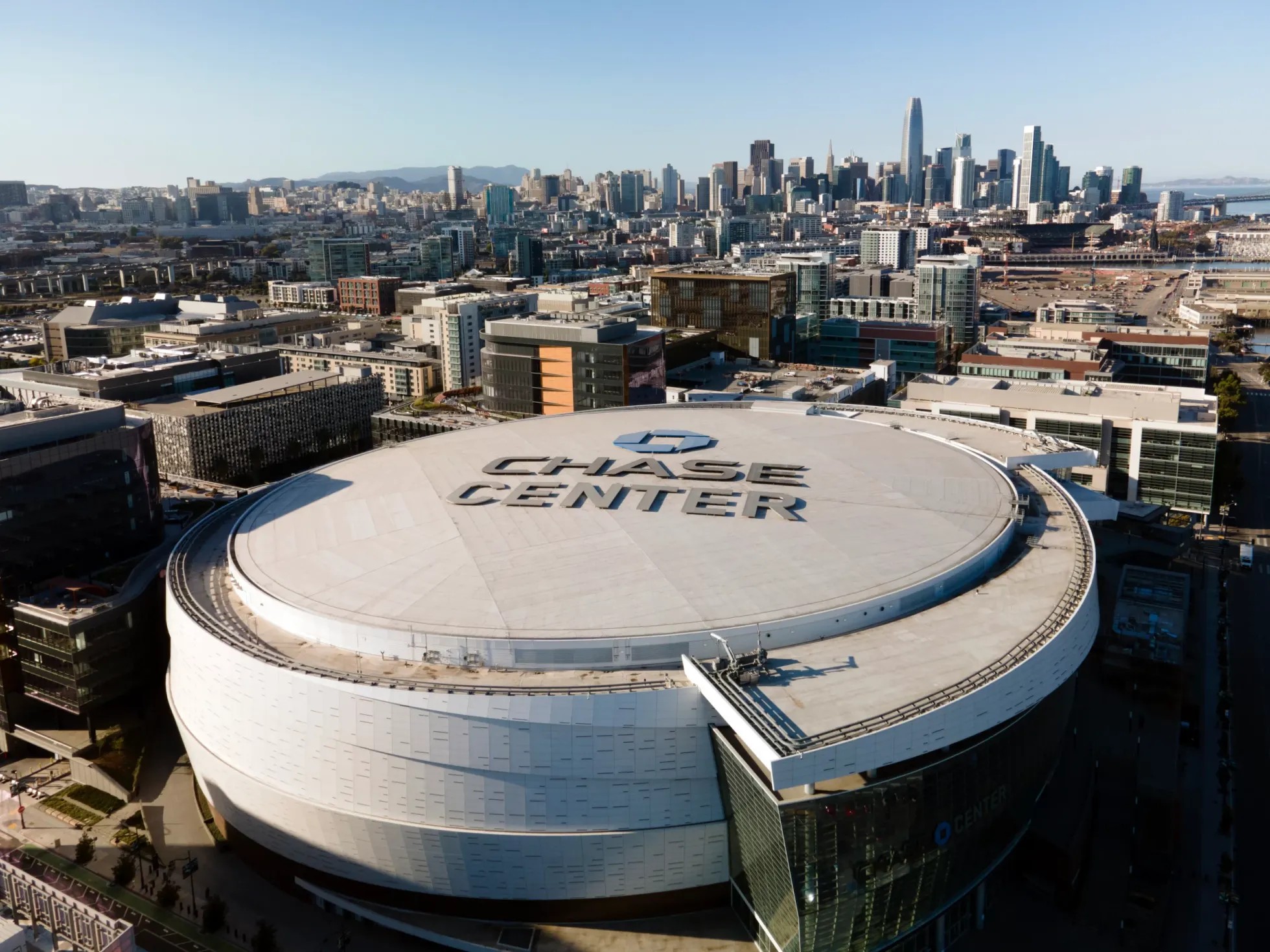 An aerial view of Chase Center in San Francisco, where the 2026 WNBA Finals open on Oct. 17