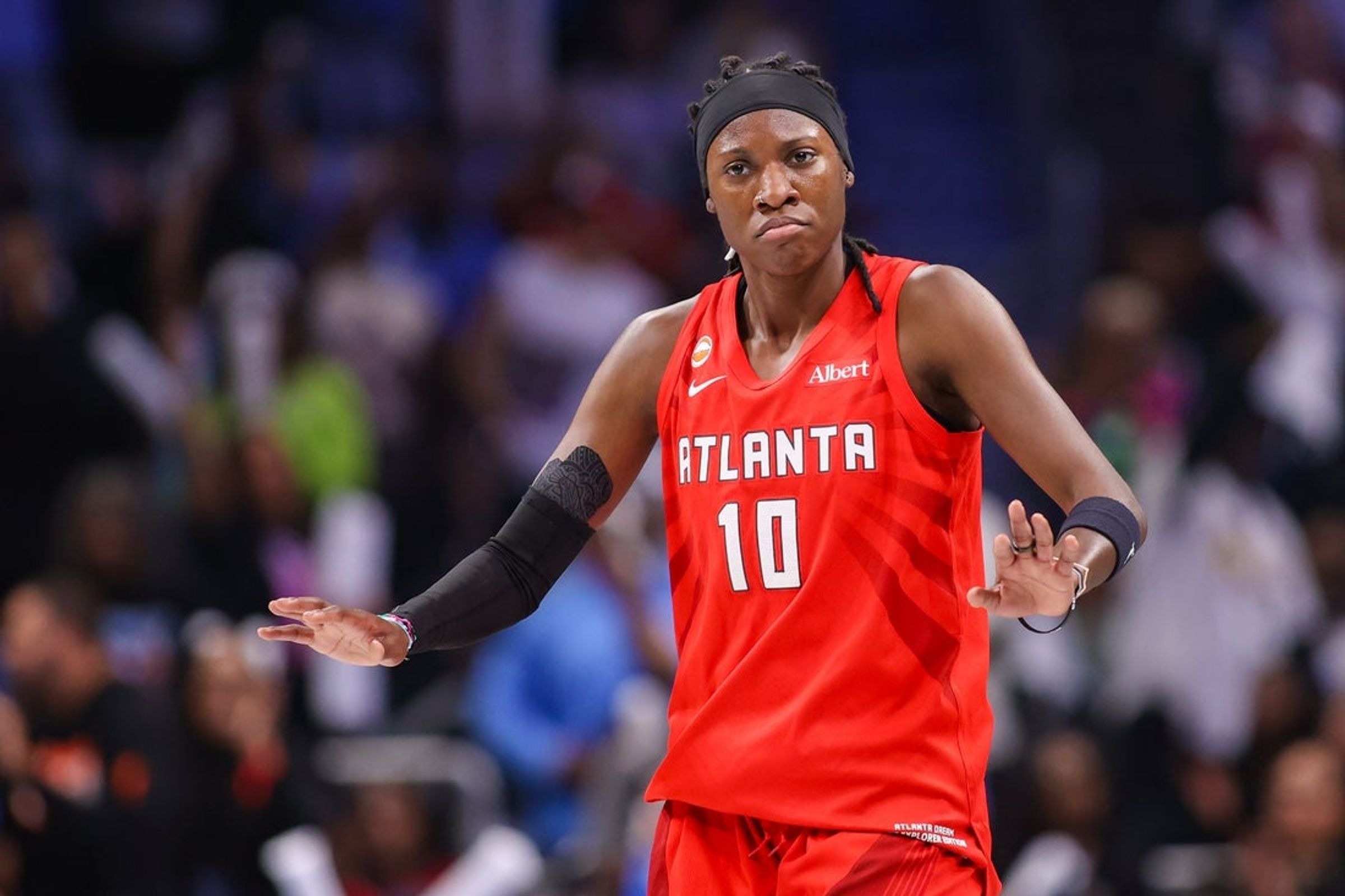 Rhyne Howard of the Atlanta Dream reacts during the second quarter of Game 6 of the 2026 WNBA Finals against the Golden State Valkyries at State Farm Arena