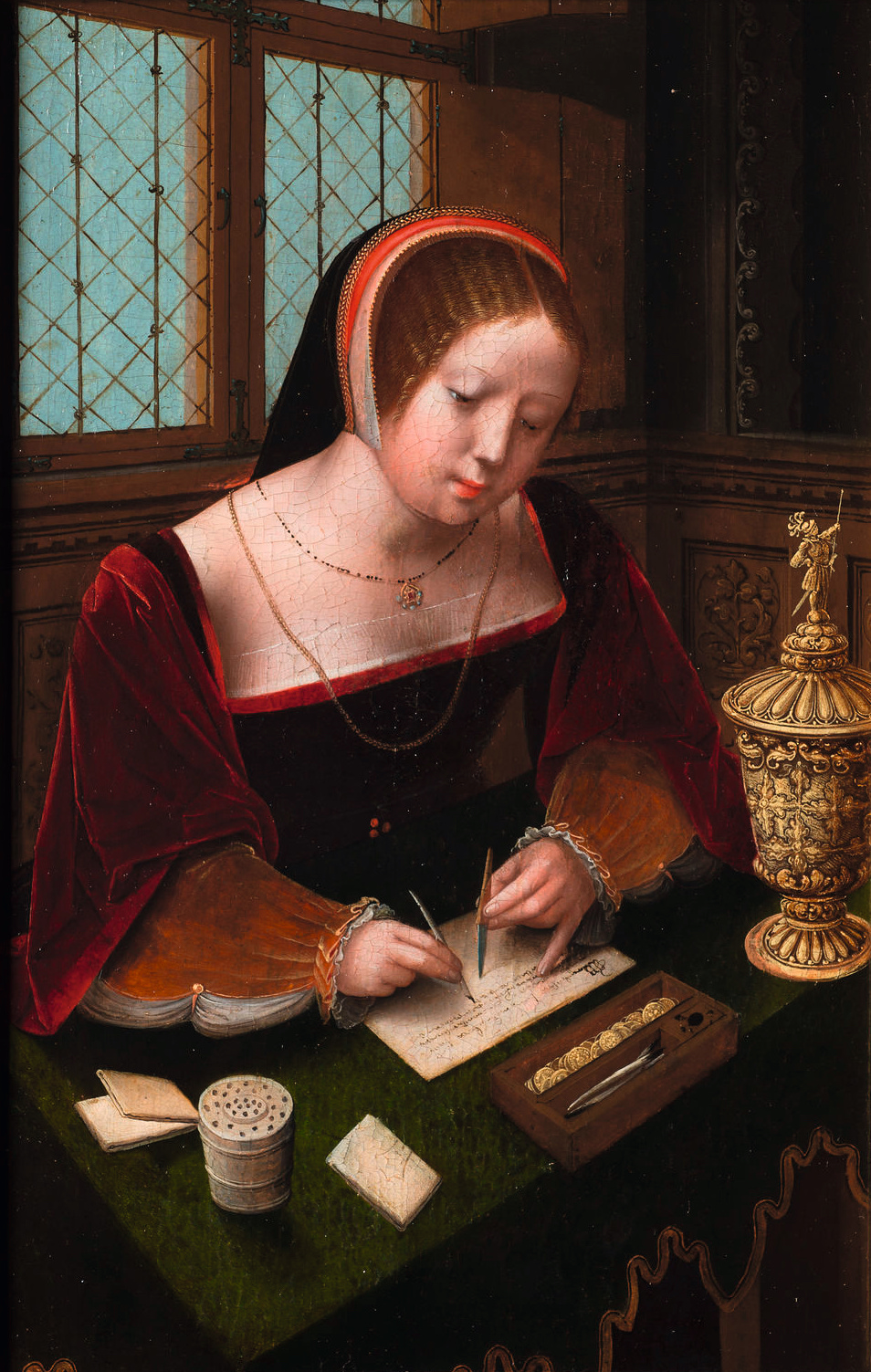 A woman writing at a desk in a centuries-old painting, quill and ink before her