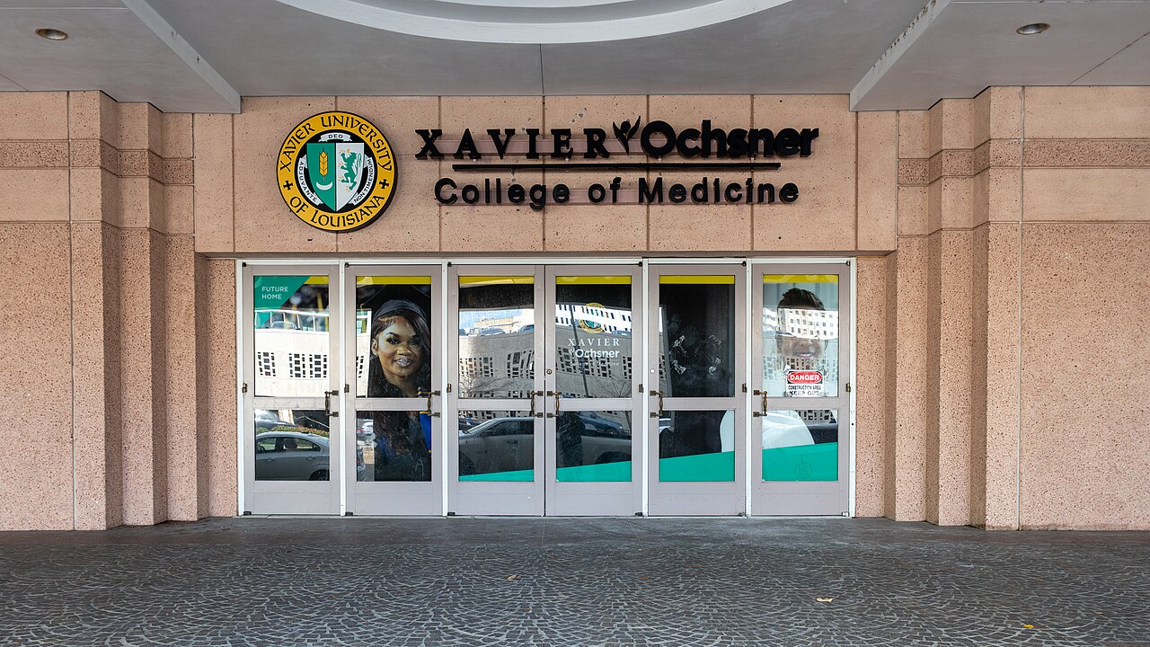 The entrance to the Xavier Ochsner College of Medicine in New Orleans, bearing the Xavier University of Louisiana seal