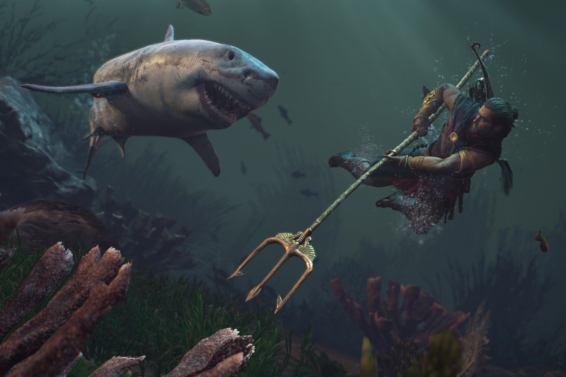 Assassin's Creed Odyssey in-game screenshot — Alexios diving underwater, trident raised against a great white shark