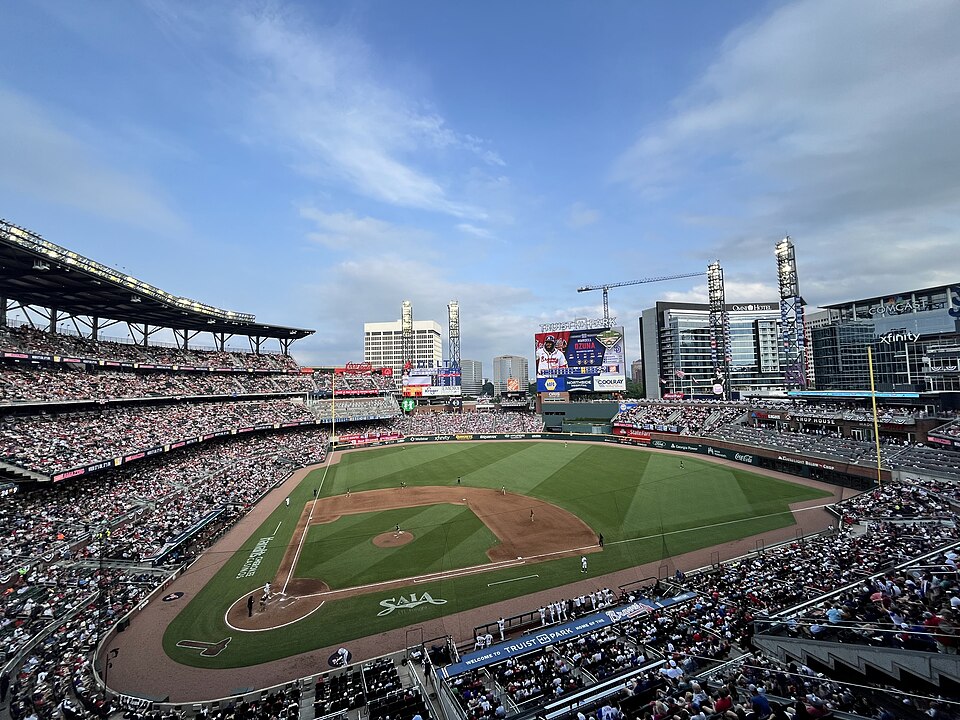 Truist Park in Atlanta on a bright game day, full crowd for the NLDS