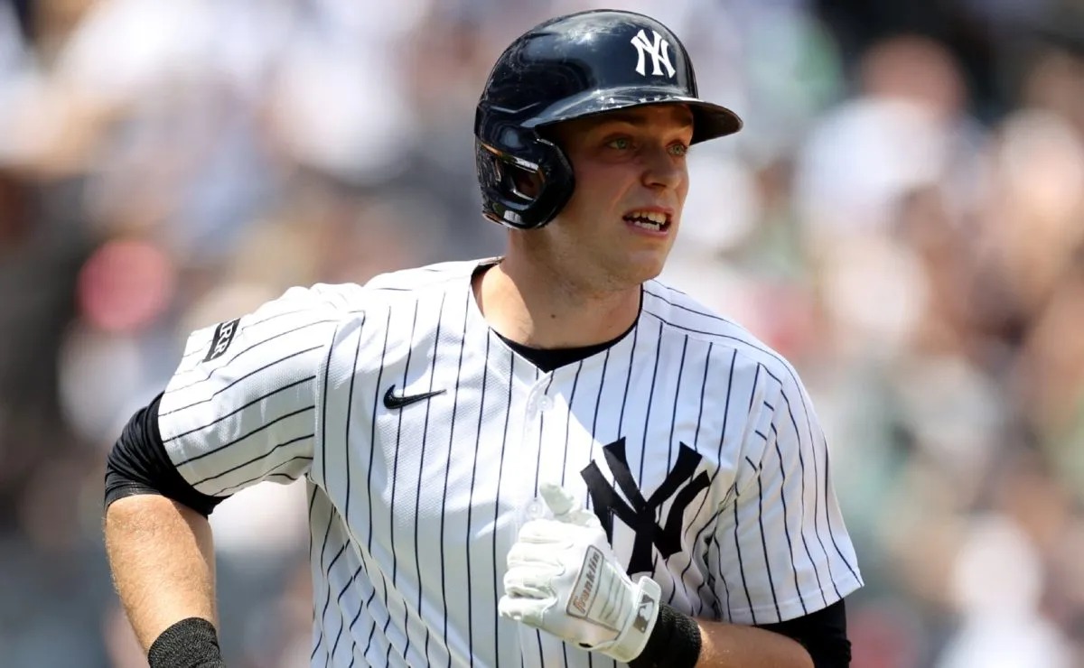 Yankees designated hitter Ben Rice running the bases in pinstripes