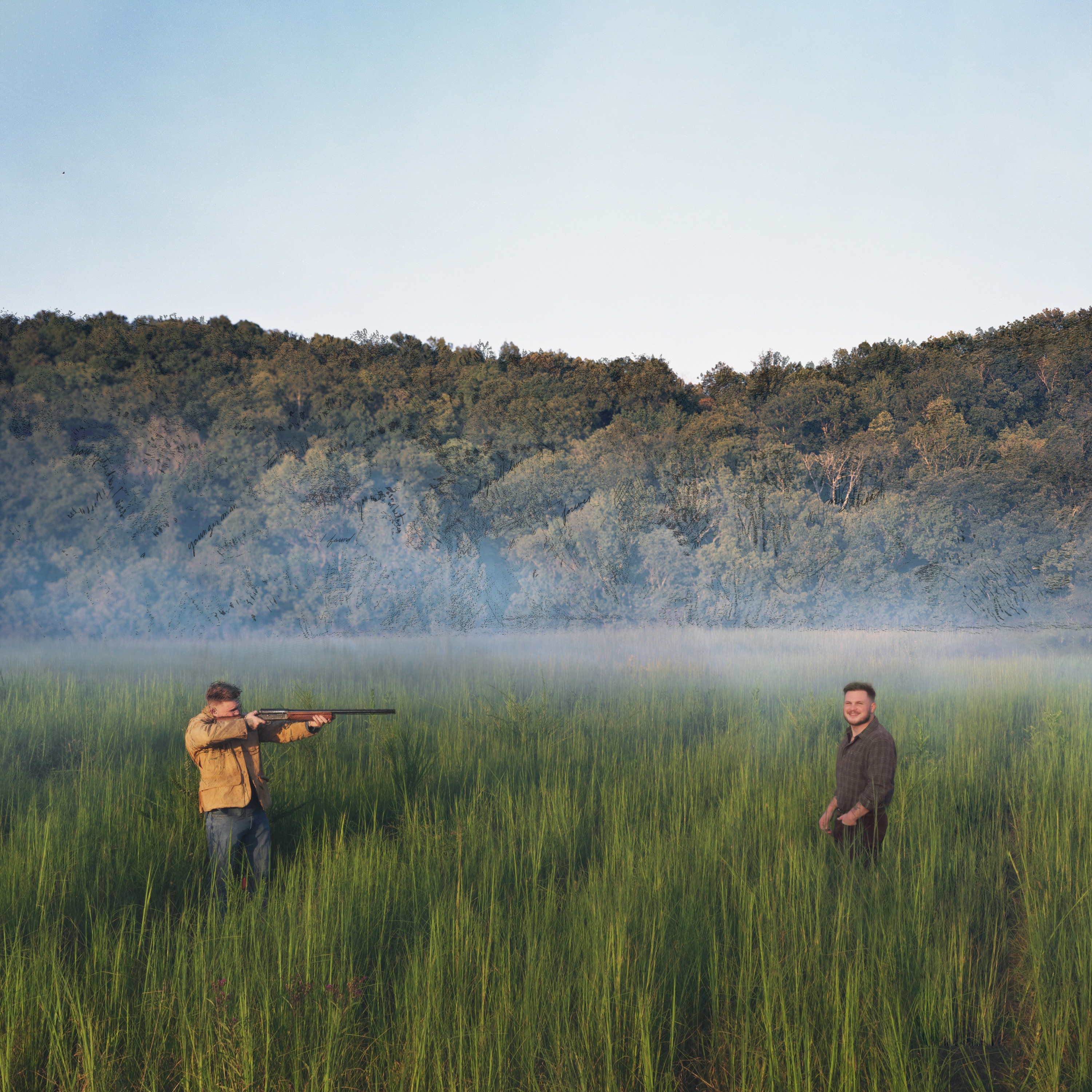 The official cover art for Zach Bryan's EP Young Manhood and Other Donatable Organs — Bryan stands smiling in a misty field while a second figure aims a rifle across the frame