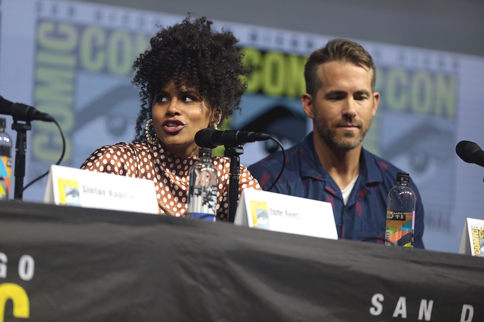 Zazie Beetz with Ryan Reynolds at a panel event