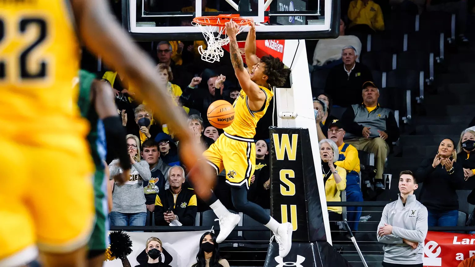 A Wichita State Shocker throws down a dunk at Charles Koch Arena
