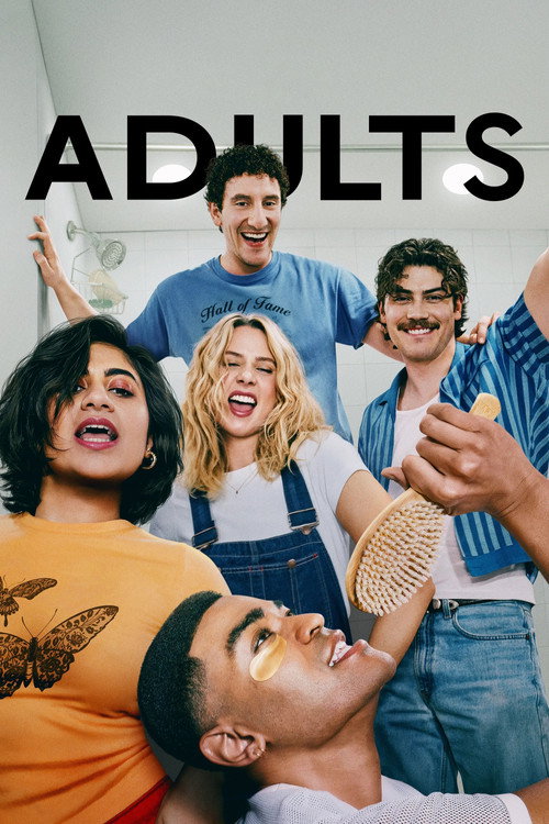 The five housemates of FX's Adults — Samir, Billie, Paul Baker, Issa and Anton — together in Samir's childhood home in Queens